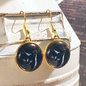 Black Cat Night Sky Gold Plated Glass Cabochon Kitty Kitten Dangle Earrings